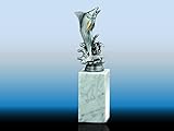 Henecka 🎣 Angler-Pokal, Angeln-Resinfigur Fisch Silber auf schwerem weißem Marmor, mit Wunschgravur, Größe 236 mm