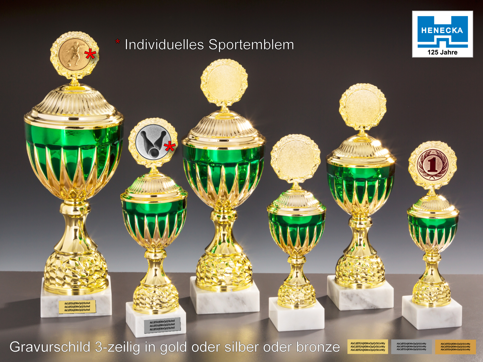 oder als 3er-Serie Henecka Fussball-Kinder-Pokal wählbar in 3 Größen Resinfigur Kids-Fussball Silber mit Gold mit Wunschgravur 